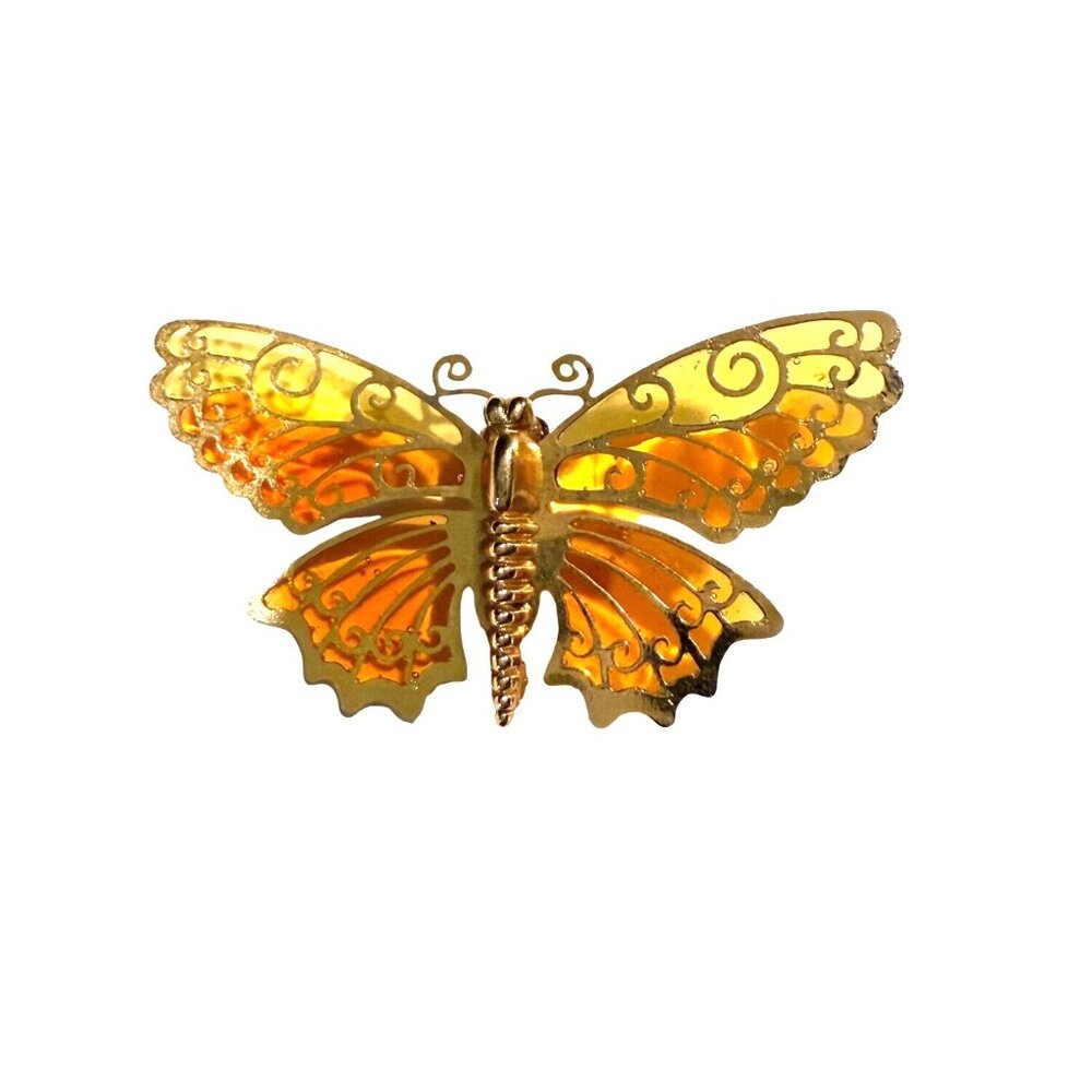 Vintage Avon Butterfly Brooch Gold-Tone Orange Swirl Design